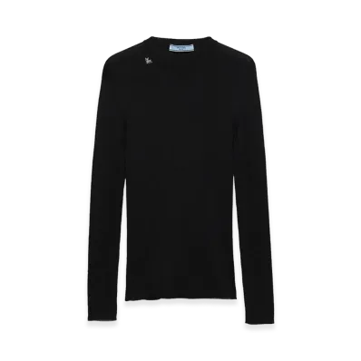 PRADA Women's Ribbed Knit Wool Crewneck Sweater "Black"