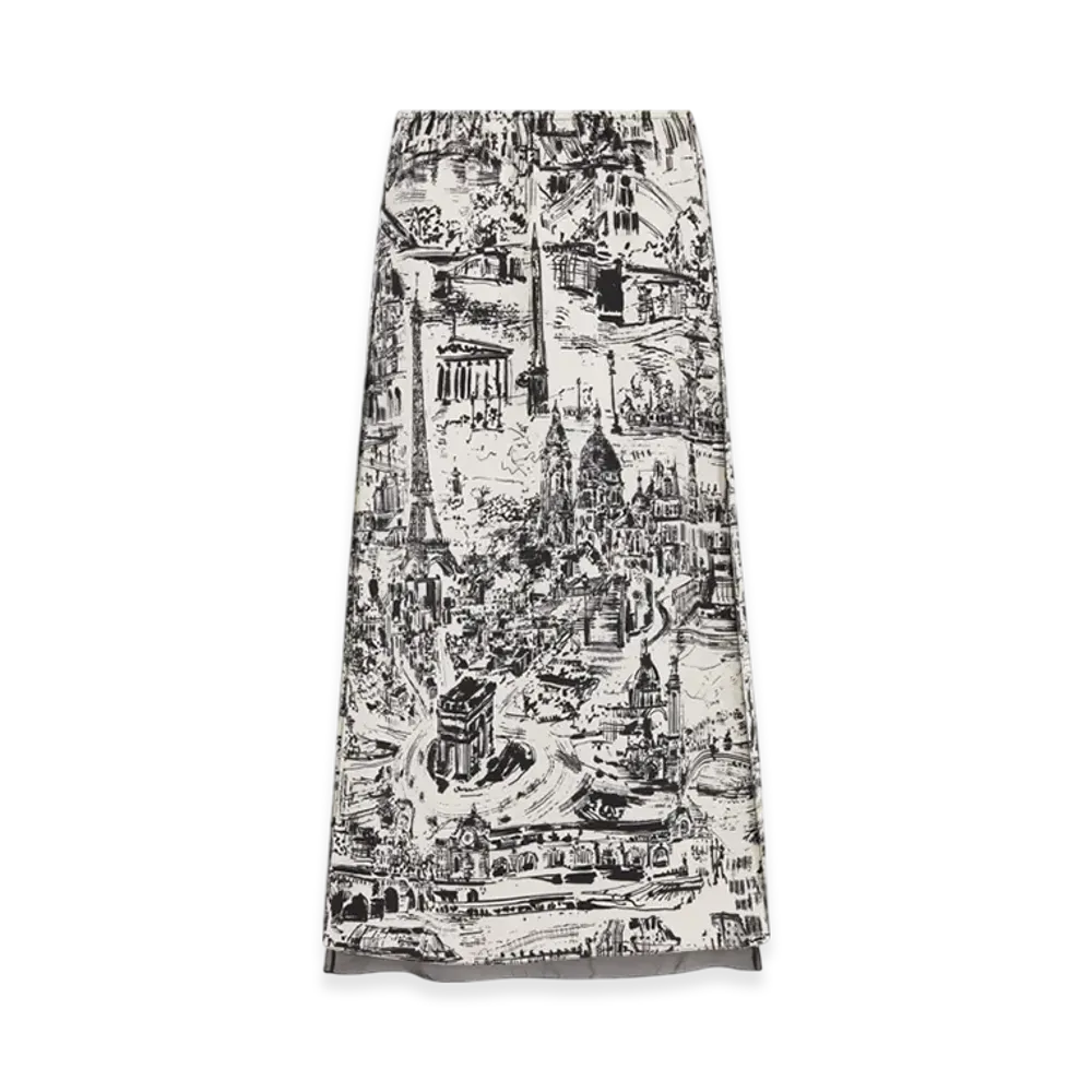 Dior Women's Silk Twill with Paris Allover Motif Flared Mid Length Skirt "White/Black"