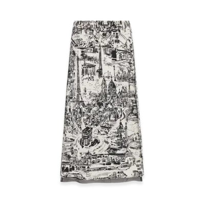 Dior Women's Silk Twill with Paris Allover Motif Flared Mid Length Skirt "White/Black"
