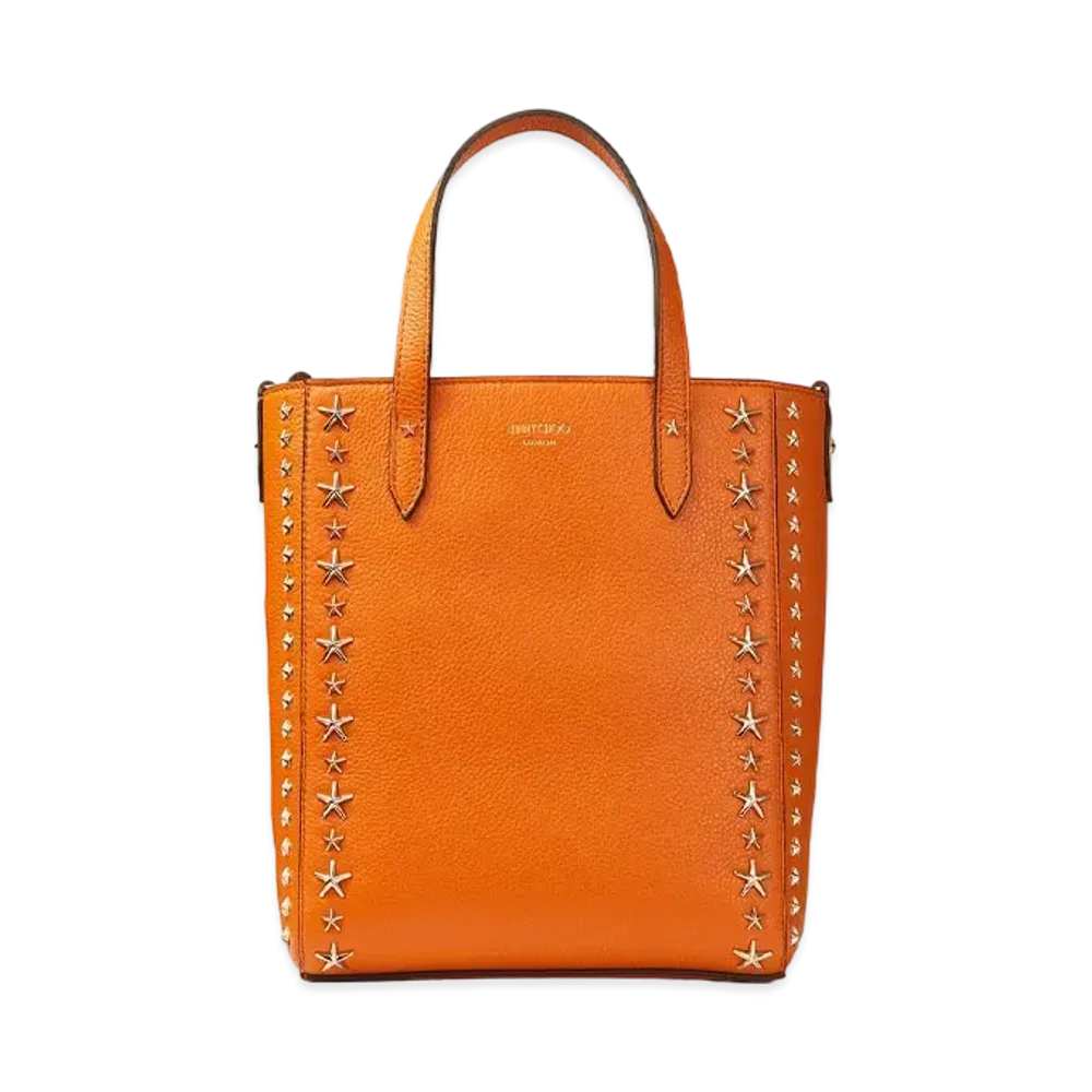 JIMMY CHOO PEGASI N/S Soft Grainy Curf Leather Tote Bag With Star Studs "Amber Orange"