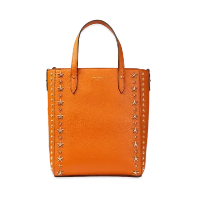JIMMY CHOO PEGASI N/S Soft Grainy Curf Leather Tote Bag With Star Studs "Amber Orange"