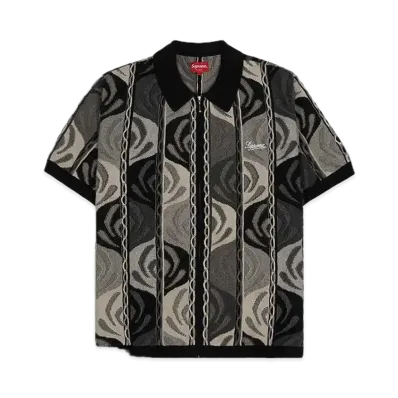 Supreme Abstract Textured Zip Up Polo "Black"