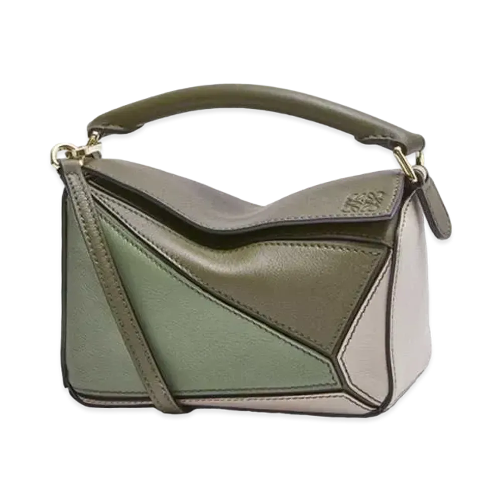 LOEWE Mini Puzzle Bag In Classic Calfskin "Autumn Green/Light Oat"