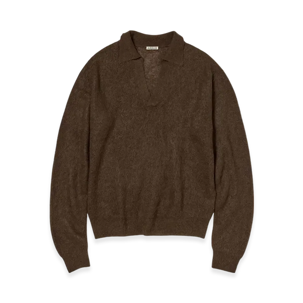 AURALEE Baby Suri Alpaca Sheer Knit Skipper Polo "Dark Brown"
