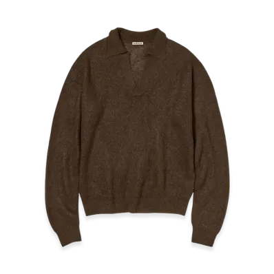 AURALEE Baby Suri Alpaca Sheer Knit Skipper Polo "Dark Brown"
