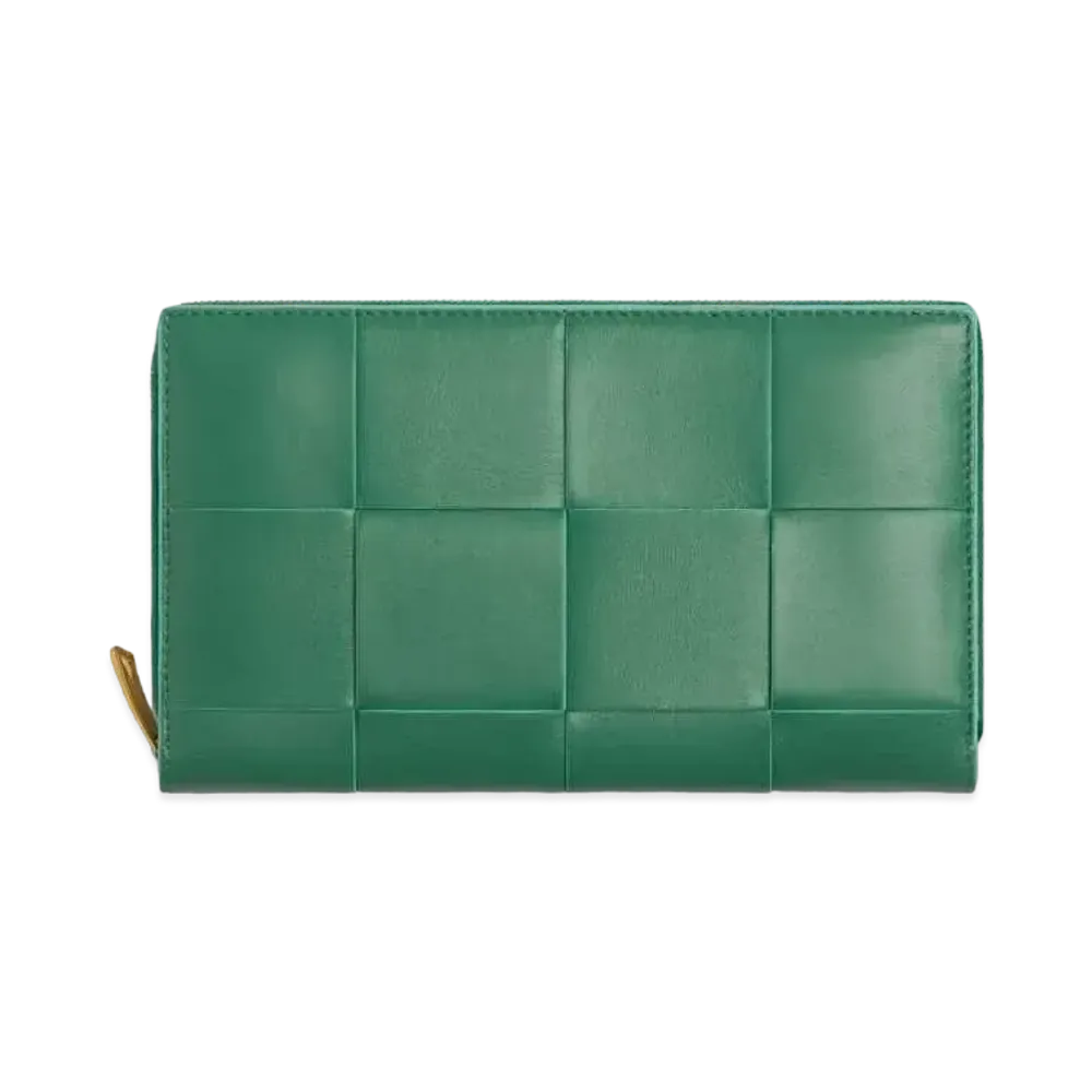 Bottega Veneta Casette Maxi Intrecciato Lambskin Calfskin Bi-fold Zip Around Wallet "Merm/Celadon"