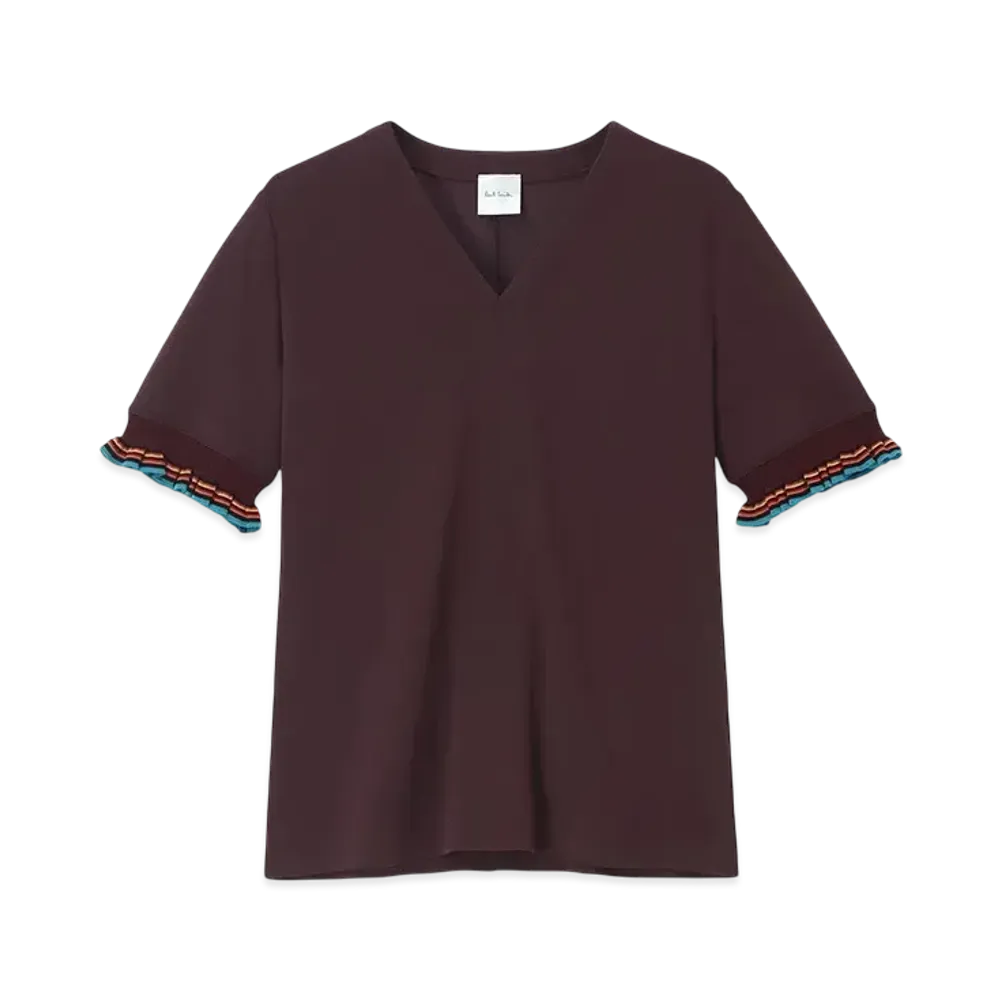 Paul Smith Women's Striped Ruffle Short Sleeve T-Shirt "DarkRed"