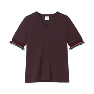 Paul Smith Women's Striped Ruffle Short Sleeve T-Shirt "DarkRed"