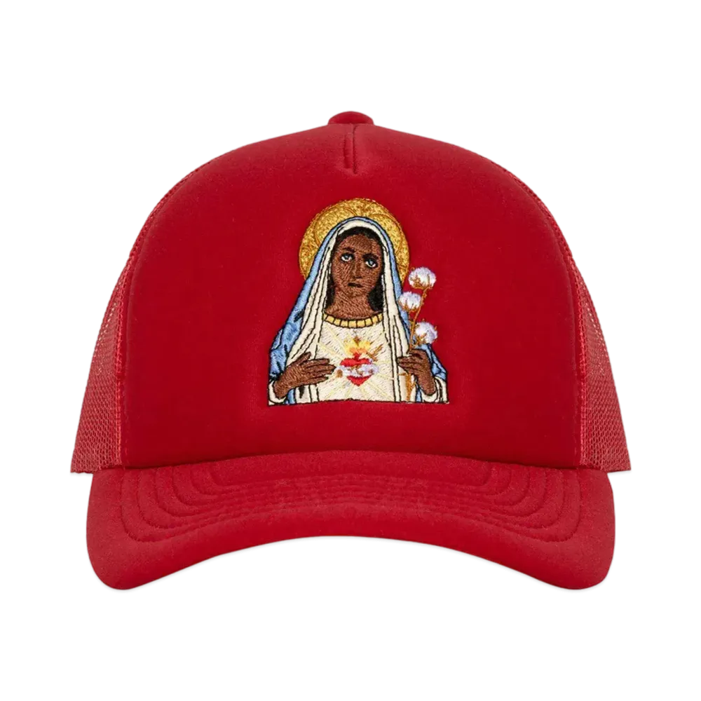 DENIM TEARS Black Madonna Trucker Hat "Red"