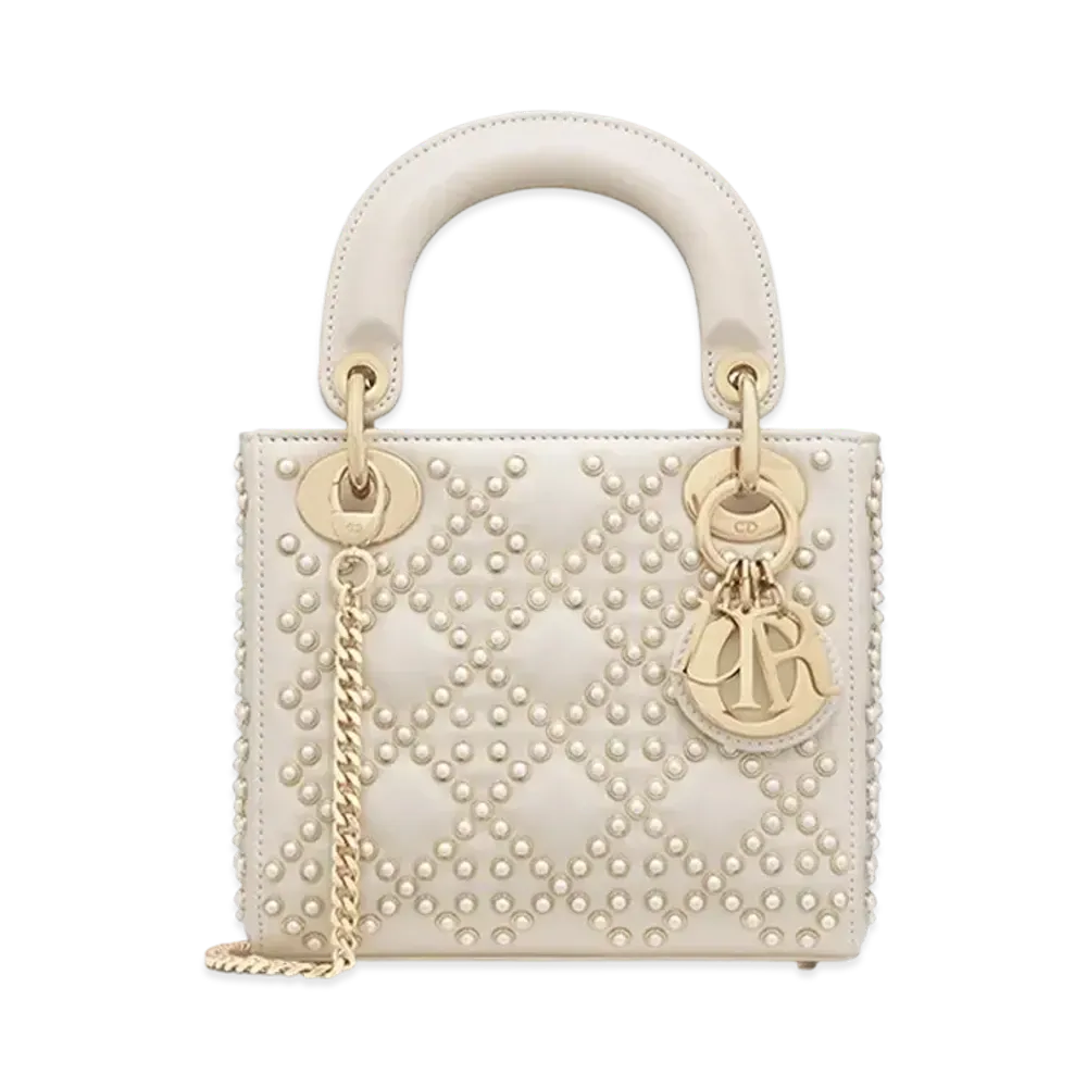 Dior Mini Lady Bag Crinkle Effect Resin Half Pearl Motif "Latte"