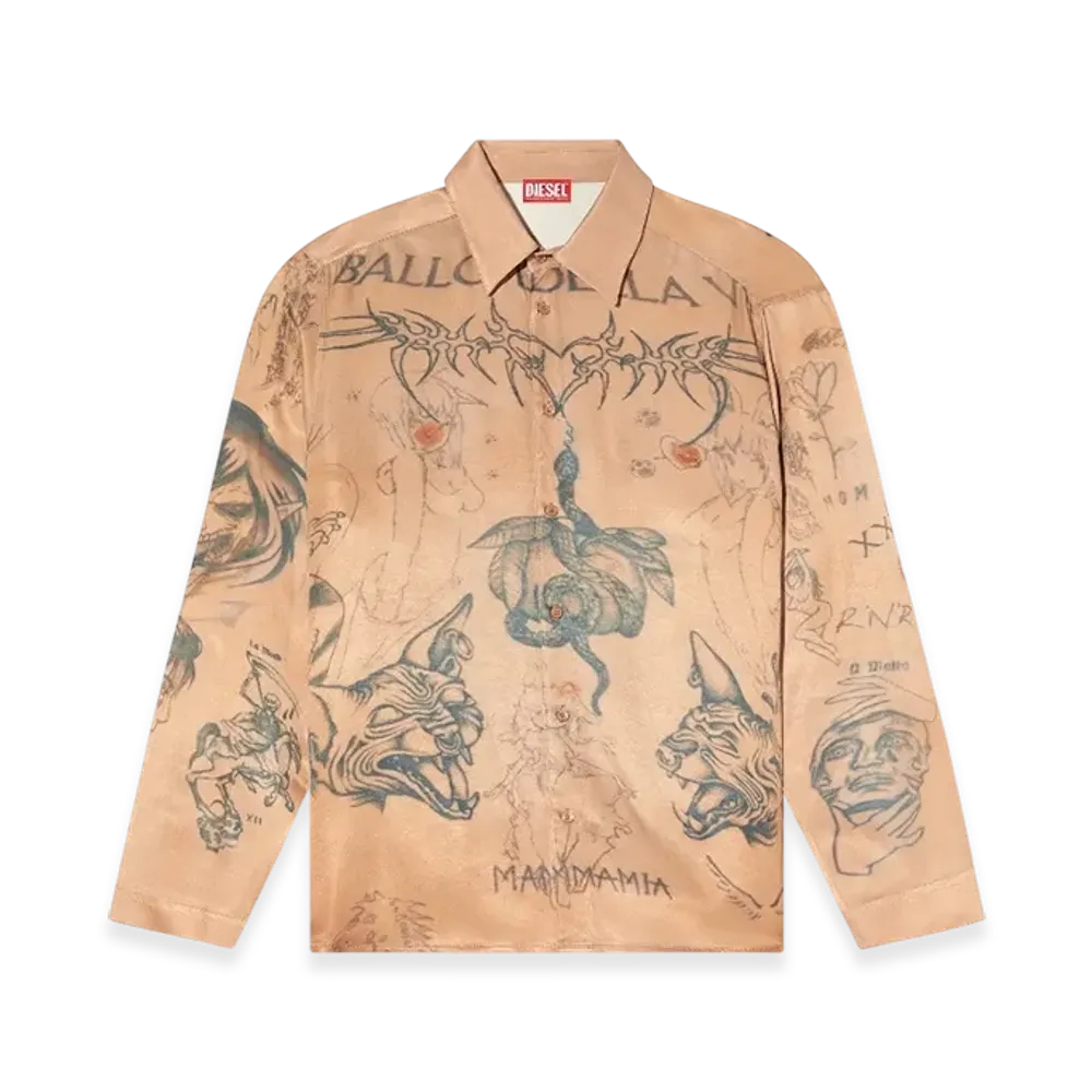 Diesel S-Simply-Tto-DD Fluid Satin Shirt With Tattoo Print "Beige"