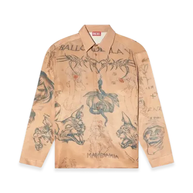Diesel S-Simply-Tto-DD Fluid Satin Shirt With Tattoo Print "Beige"