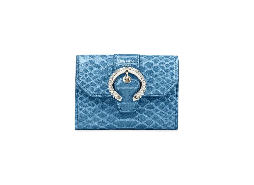 Jimmy Choo Hanne Gel Snake Printed Leather Wallet With Crystal Buckle "Butterfly Blue"