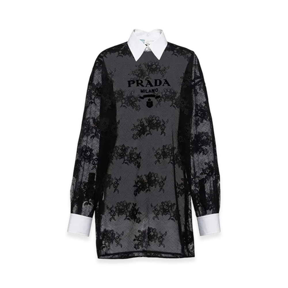 PRADA Women's Embroidered Lace and Poplin Mini Dress "Black/White"