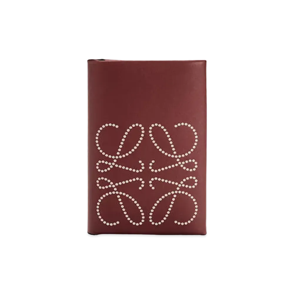 LOEWE Brand Bifold Card Case In Calfskin "Berry / Light Oat"