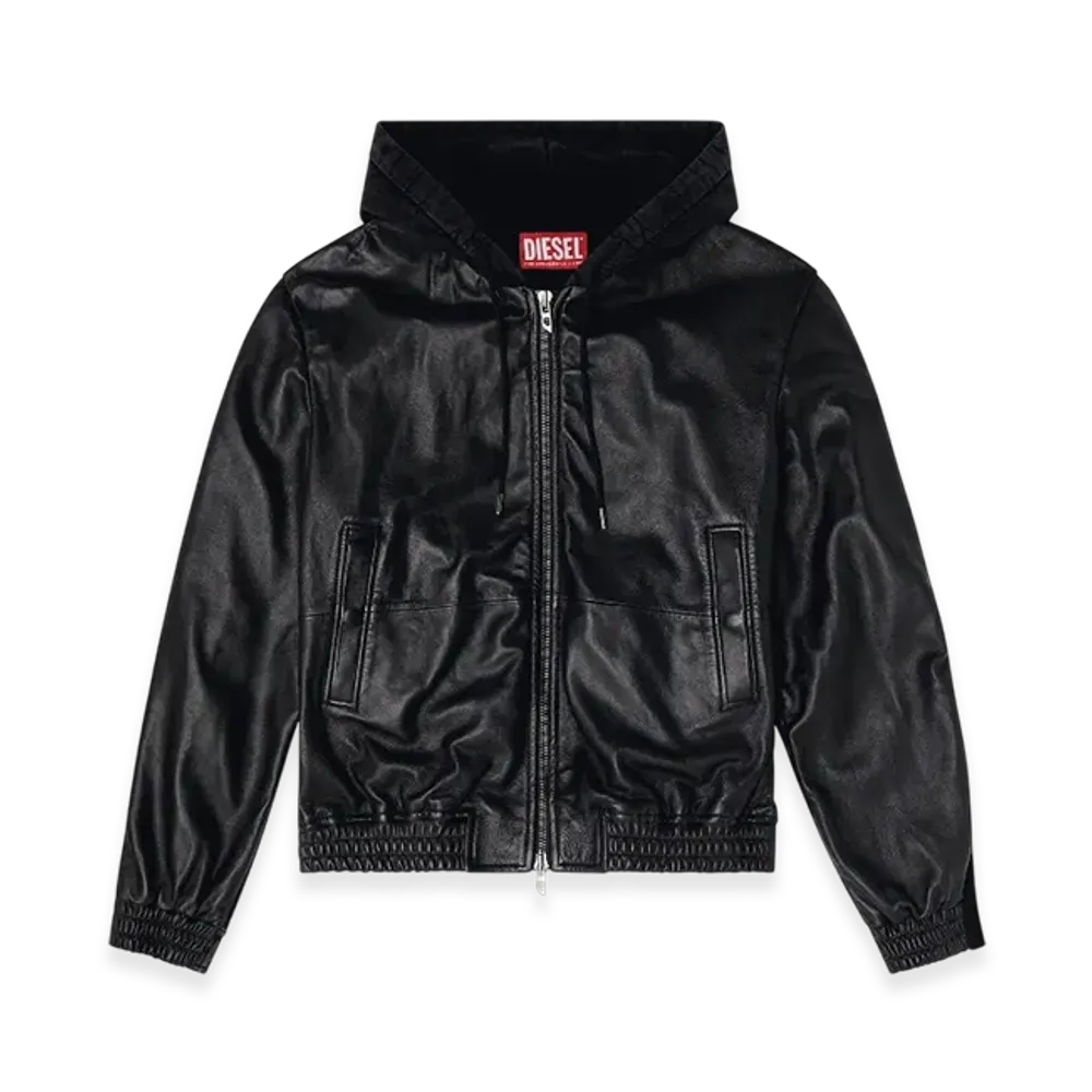 Diesel L-Ochs Hooded Jacket In Leather Cotton And Denim "Black"