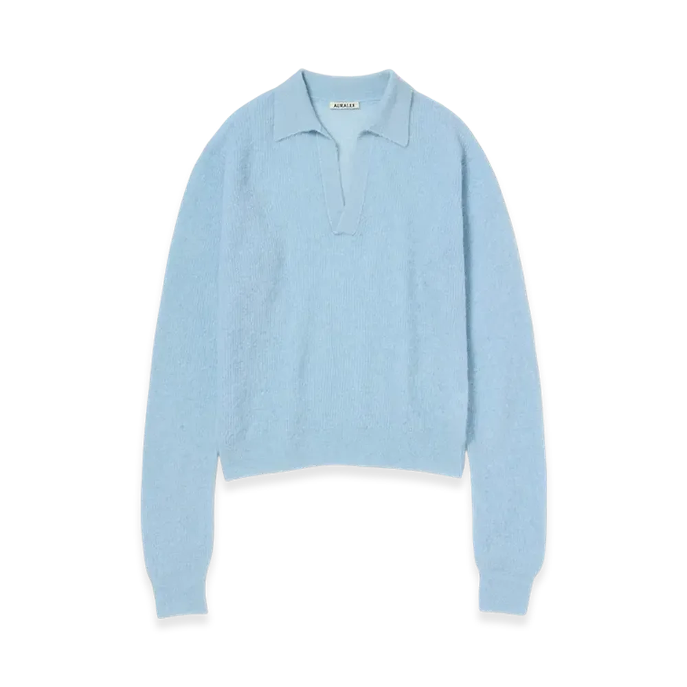 AURALEE Baby Suri Alpaca Sheer Knit Skipper Polo "Light Blue"