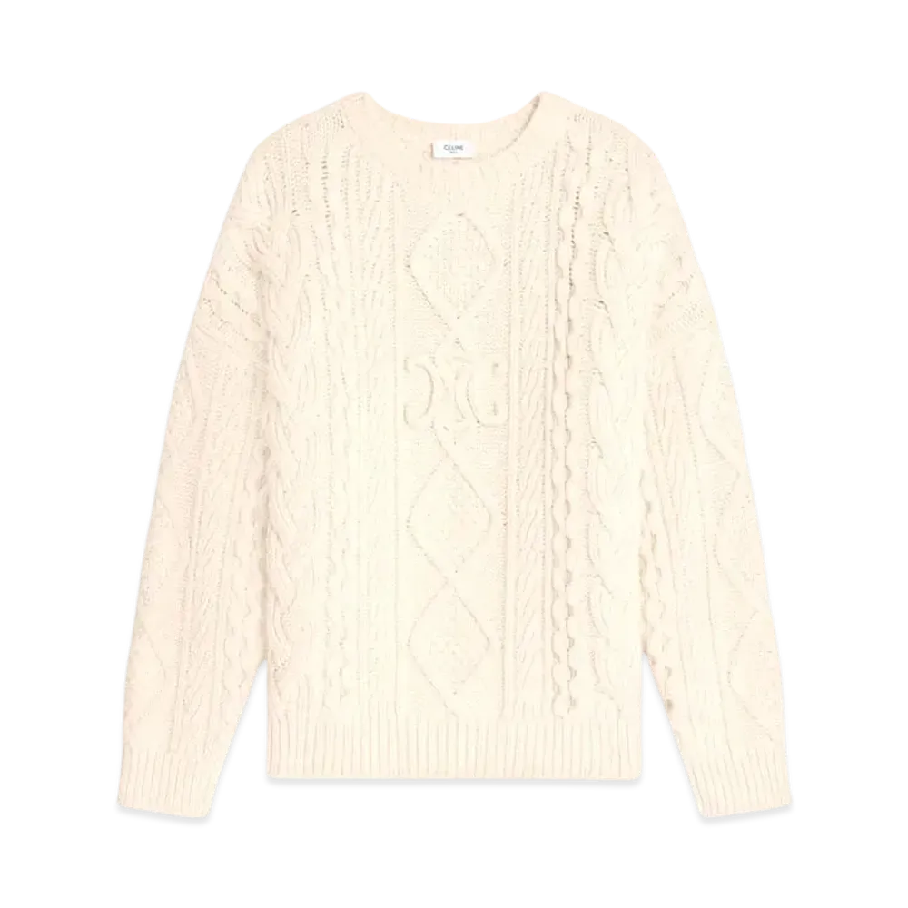 CELINE Crew Neck Sweater In Aran Cashmere and Wool "Off White"