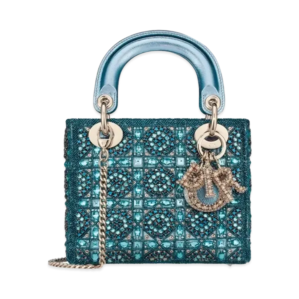 Dior Mini Lady Bag Metallic Calfskin Satin Bead Embroidery "Celestial Blue"