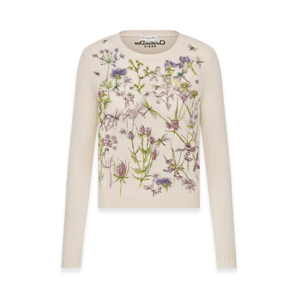 Dior Women's Embroidered Sweater Cashmere Knit with Dior Herbarium Motif "White/Multicolor"