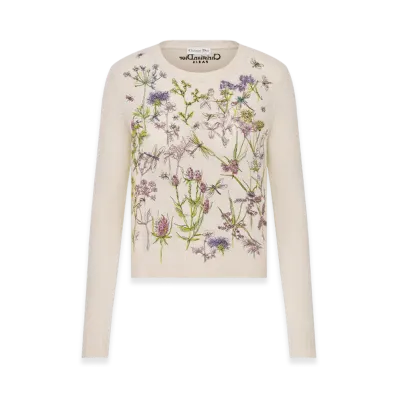 Dior Women's Embroidered Sweater Cashmere Knit with Dior Herbarium Motif "White/Multicolor"