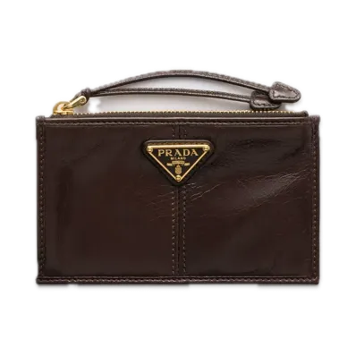 PRADA Leather Card Case with Zipper "Dark Brown"