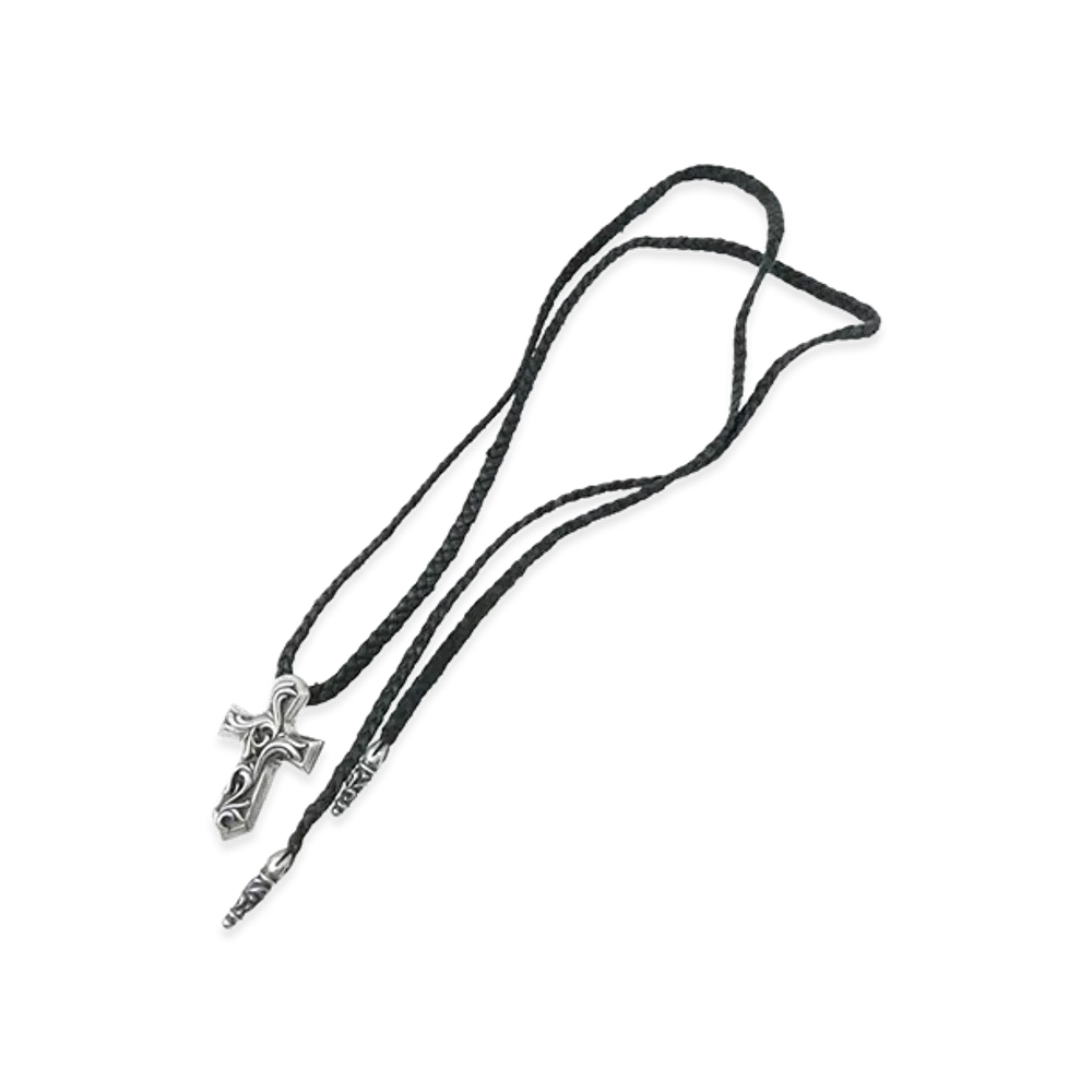 Chrome Hearts Small Vulcan Cross W Tiny Scroll Leather Blade Necklace "Black"