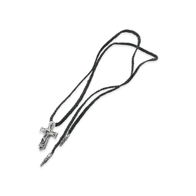 Chrome Hearts Small Vulcan Cross W Tiny Scroll Leather Blade Necklace "Black"
