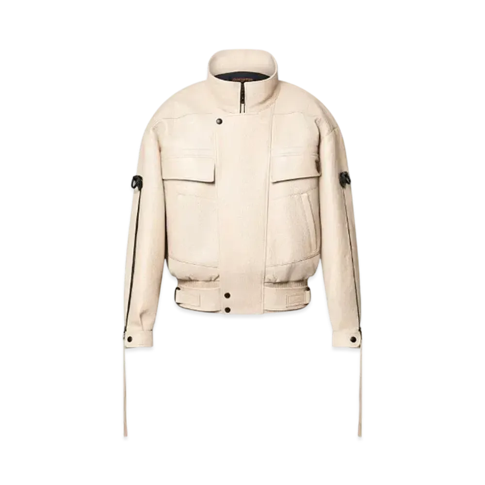 Louis Vuitton Zipper Accent Grained Leather Biker Jacket "Beige"