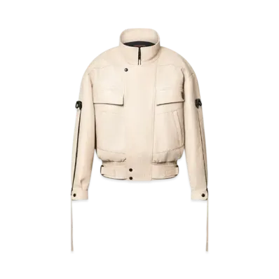 Louis Vuitton Zipper Accent Grained Leather Biker Jacket "Beige"