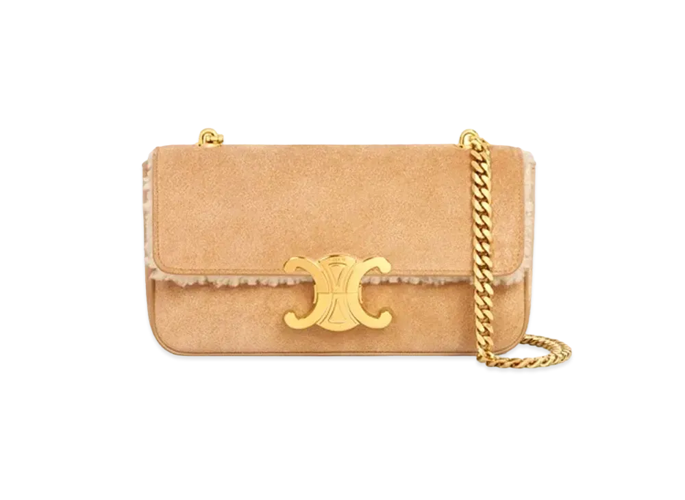 CELINE Chain Shoulder Bag Triomphe In Suede Calfskin And Shearling "Natural"