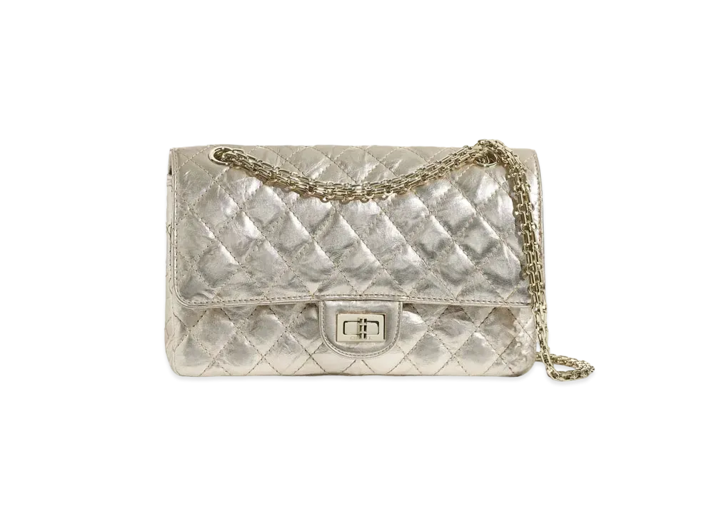 CHANEL 2.55 Hand Bag Metallic Crumple Cherfskin "Light Gold"