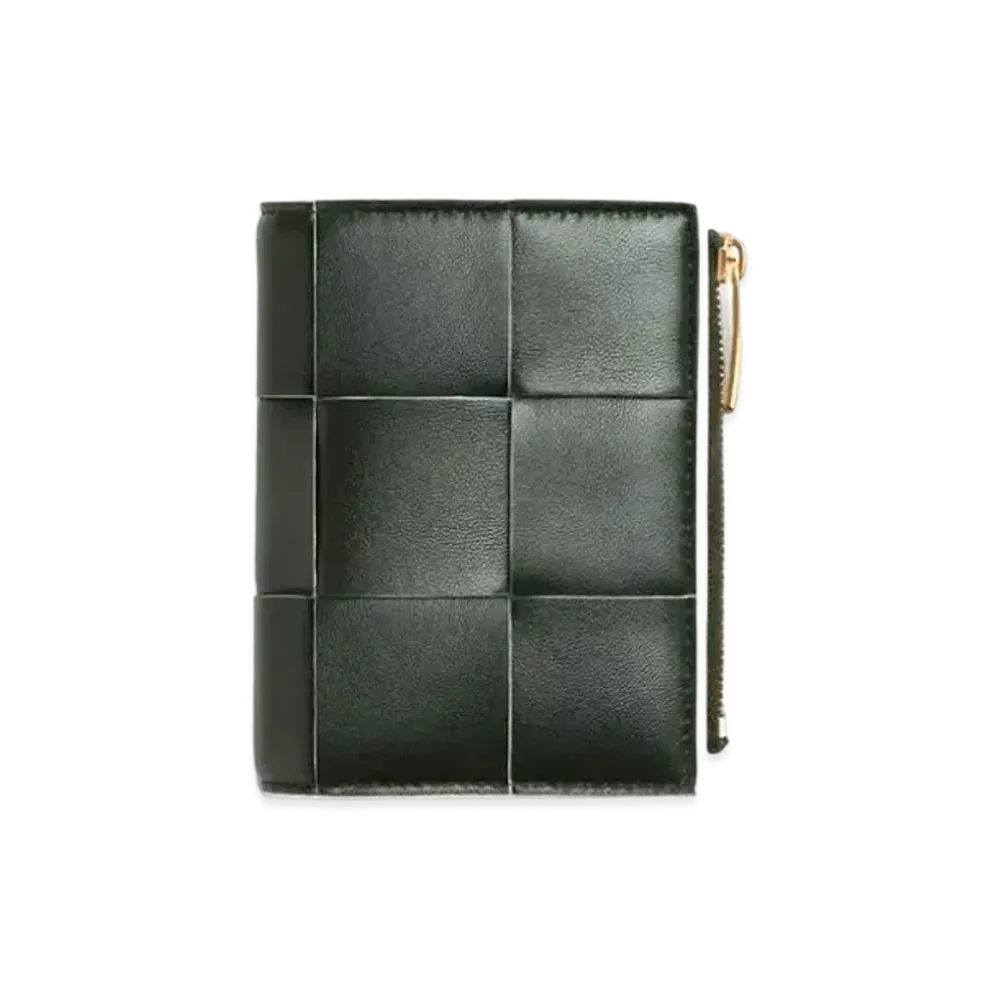 Bottega Veneta Casette Maxi Intrecciato Calfskin Bi-fold Zippered Wallet "Dark Green/White"