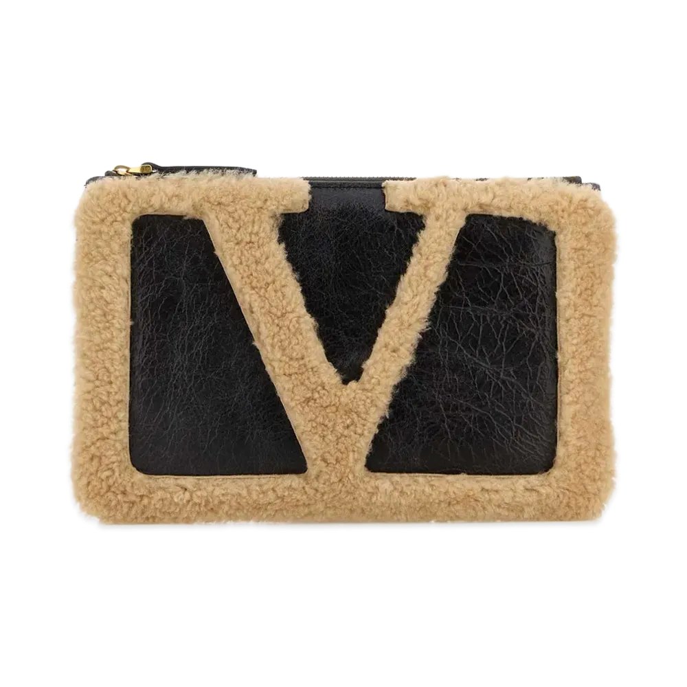 Valentino Women's Two-Tone Shearling Vlogo Signature Clutch "Multicolor"