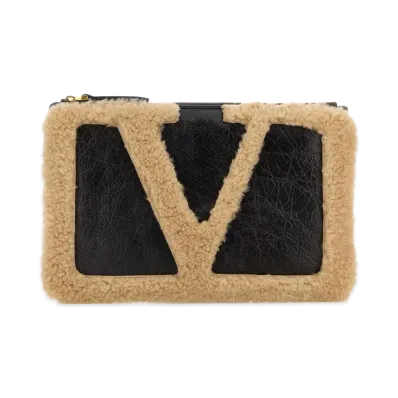 Valentino Women's Two-Tone Shearling Vlogo Signature Clutch "Multicolor"