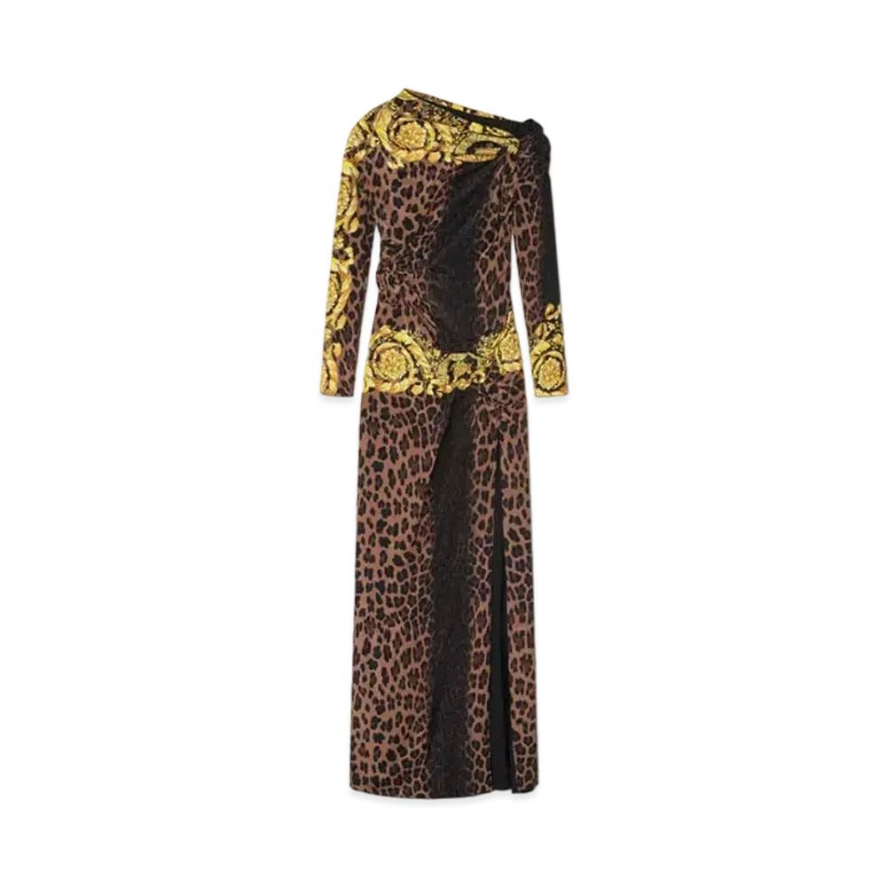 Versace Wild Barocco Slit Smocked Gown "Animalier"