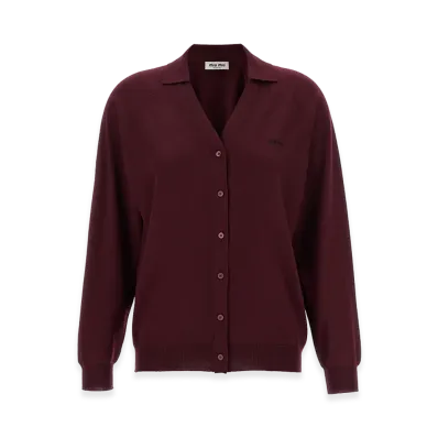 MIU MIU Women's Logo Intarsia Cardigan "Bordeaux"