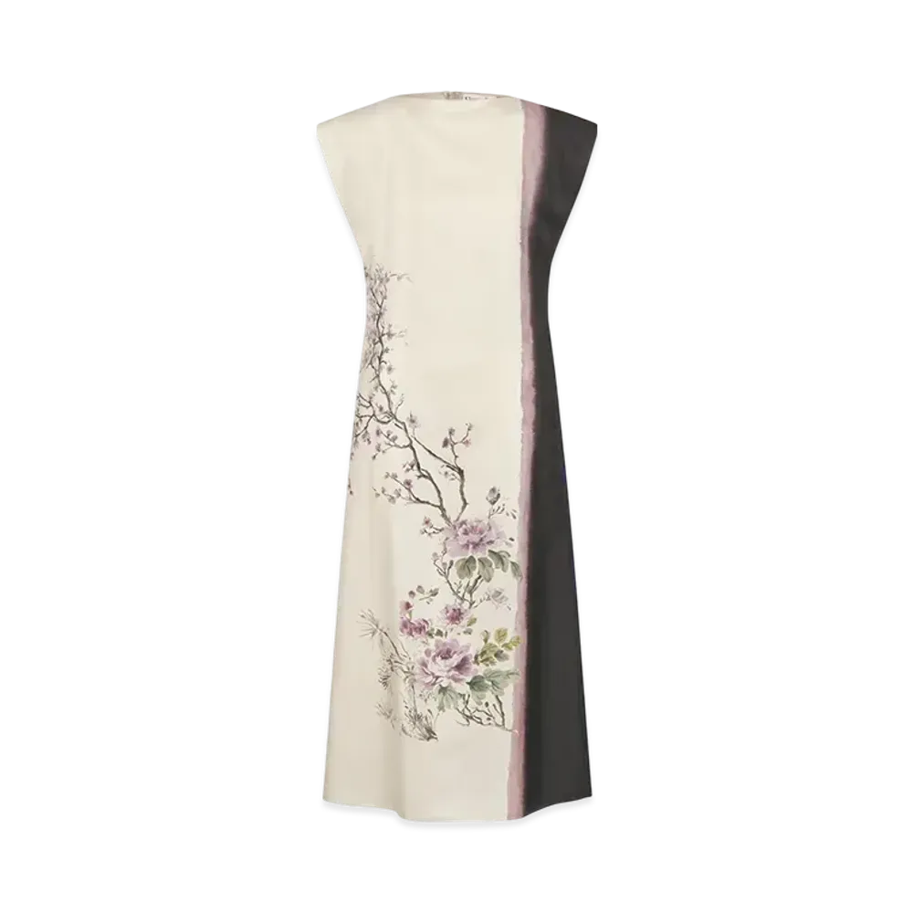 Dior Women's Mid-Length Flared Dress Silk Twill with Dior Pivoine Motif "Multicolor/White"