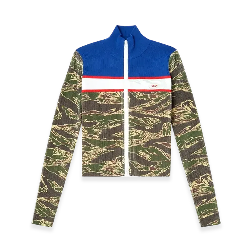 Diesel M-Camut Camo Zip Sweater In Ribbed Viscose "Blue Green"