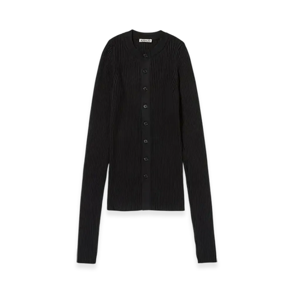 AURALEE Cotton Silk Rib Knit Crew Neck Cardigan "Black"