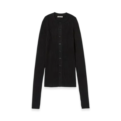 AURALEE Cotton Silk Rib Knit Crew Neck Cardigan "Black"