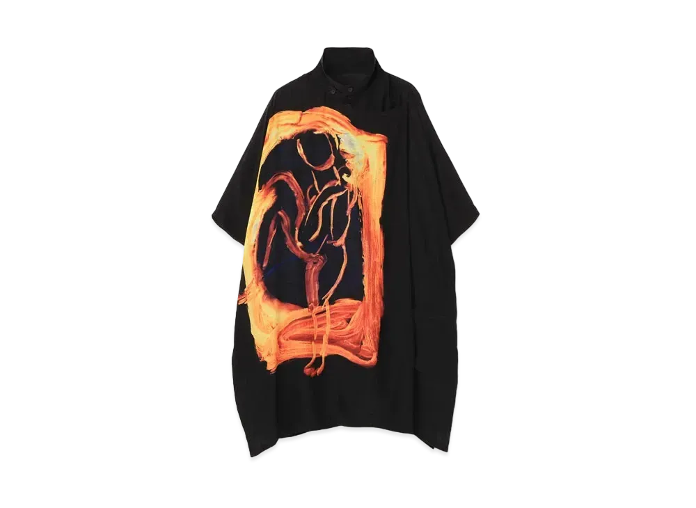 Yohji Yamamoto Pour Homme <PIECE UNIQUE>SILK SATIN YUUKA ASAKURA+ORIGINAL PRINT RIGHT DECO BLOUSE "Black"