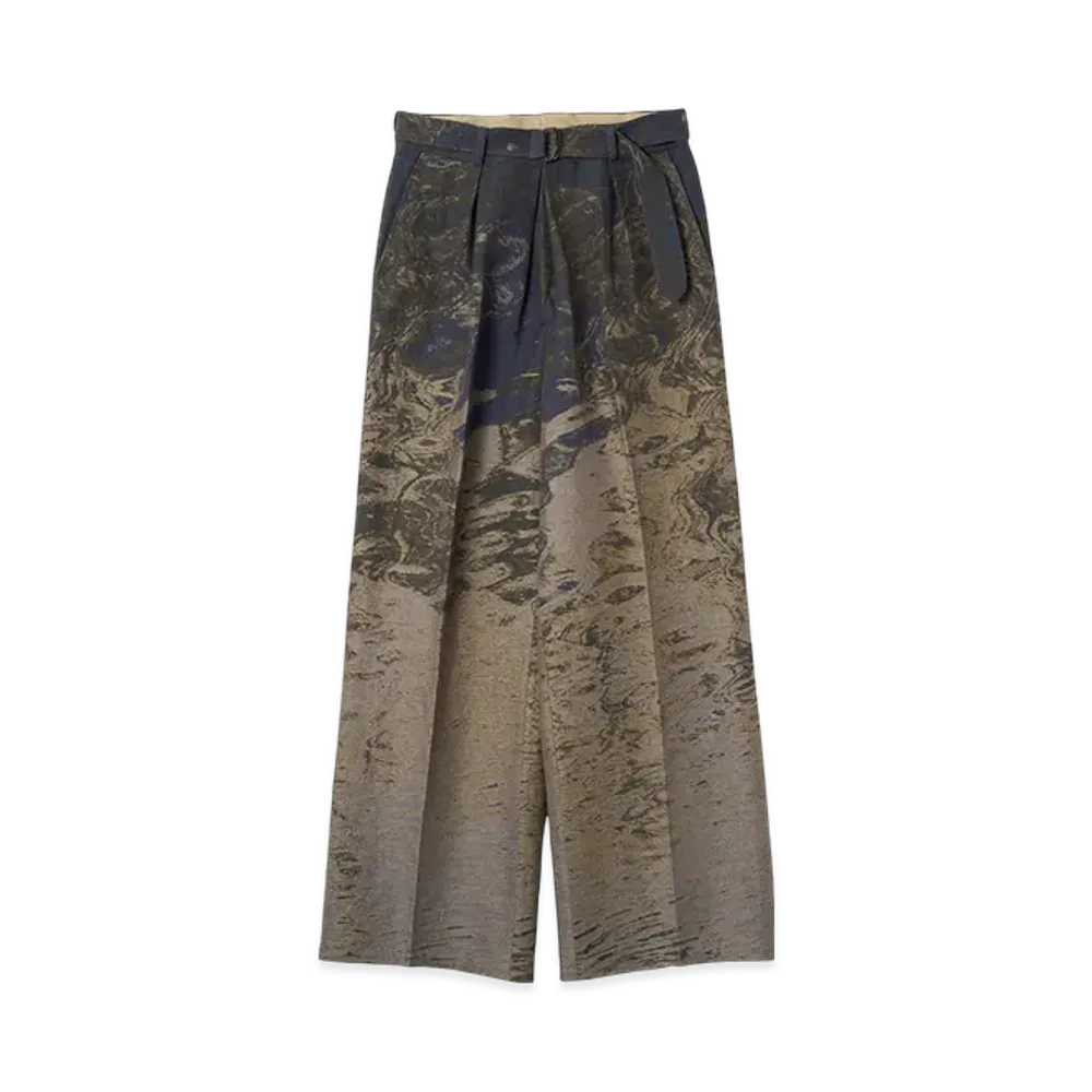 YOKE Cotton Linen Photo Jacquard Belted Wide-Leg Trousers "Beige"