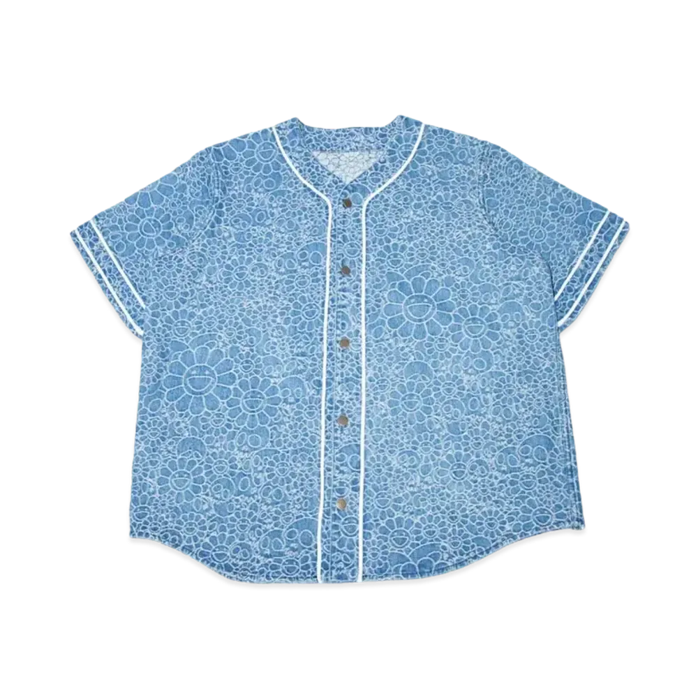 Takashi Murakami Flowers & Skulls Jacquard Denim Base Ball shirt "Indigo"