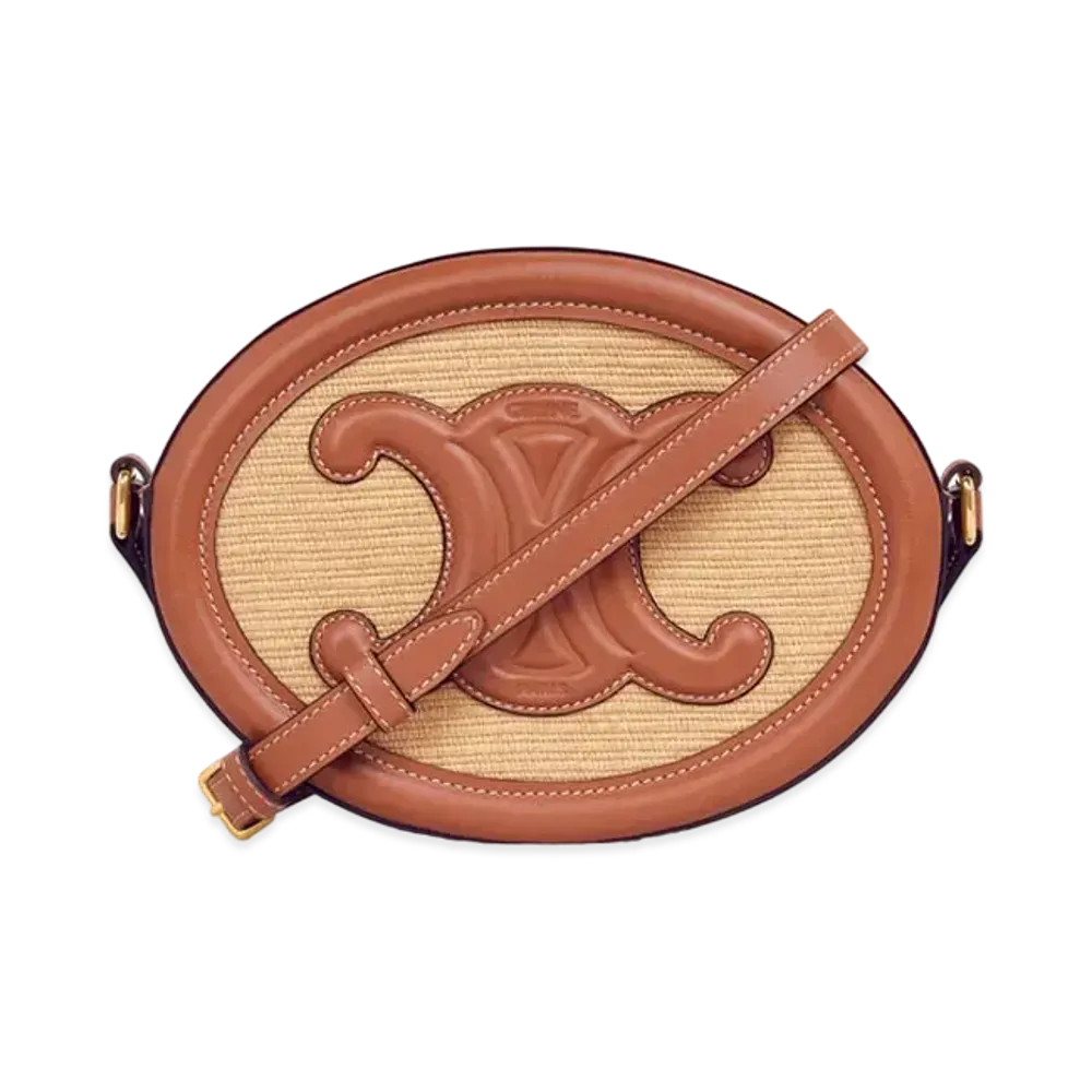 CELINE Oval Bag Cuir Triomphe in Textile and Calfskin "Natural/Tan"