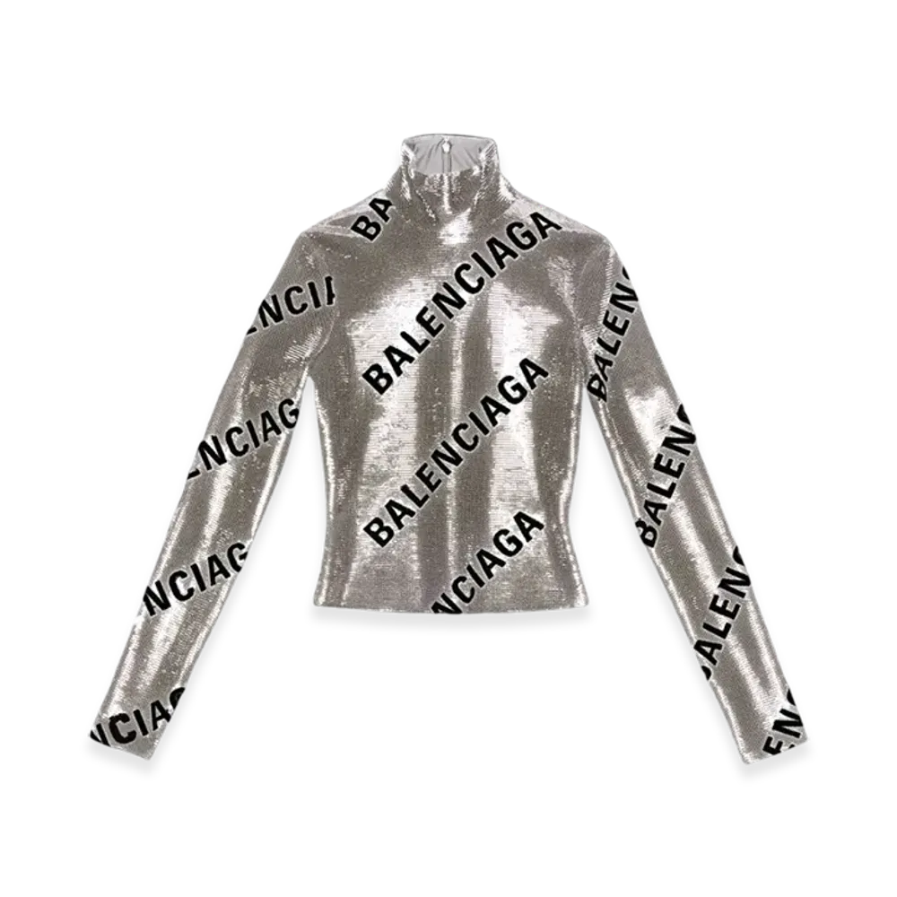 BALENCIAGA Women's Allover Logo Embroidered Long Sleeve Top "Silver"
