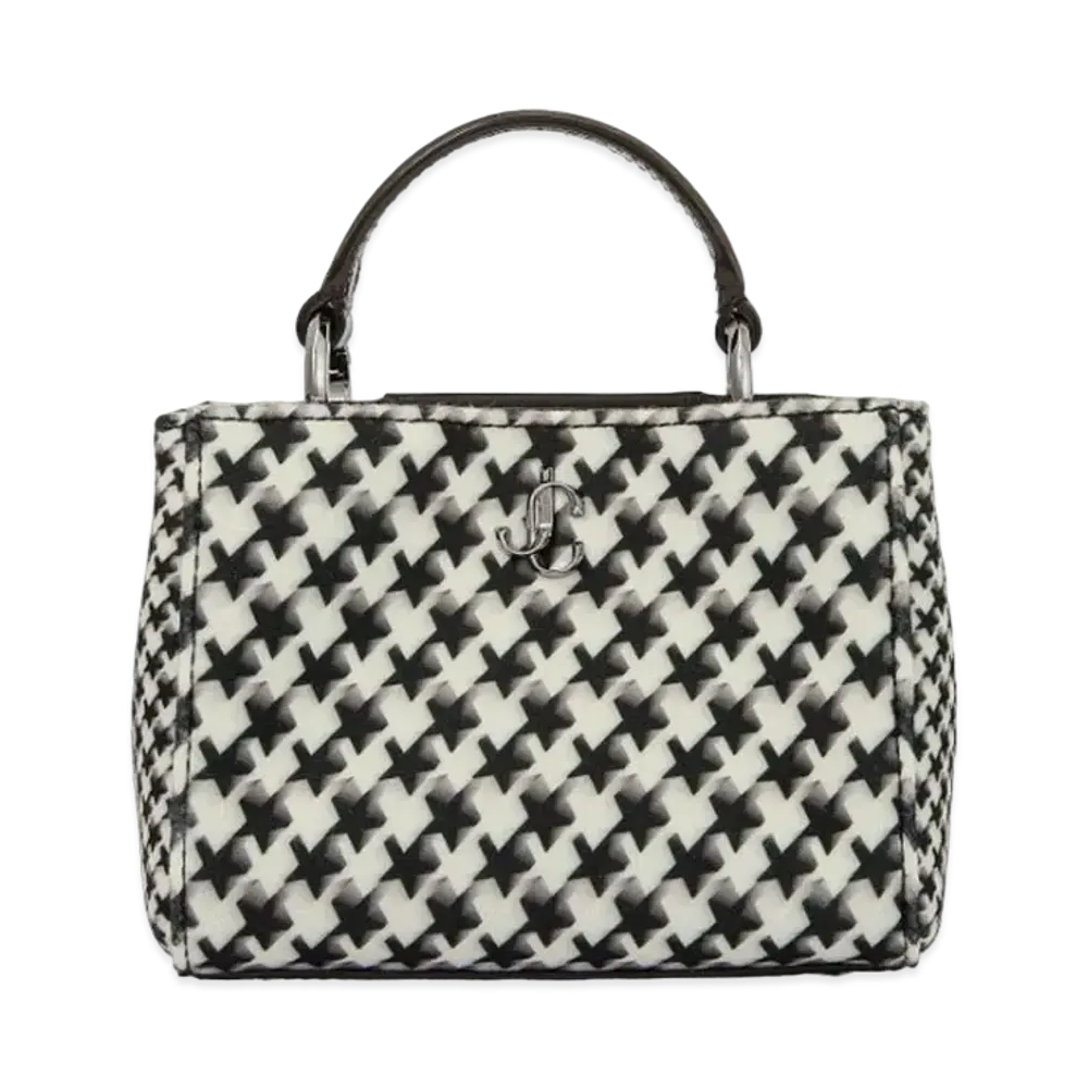 Jimmy Choo Varenne Tophandle Mini Star Houndstooth Printed Wool Mini Bag "Latte/Black"