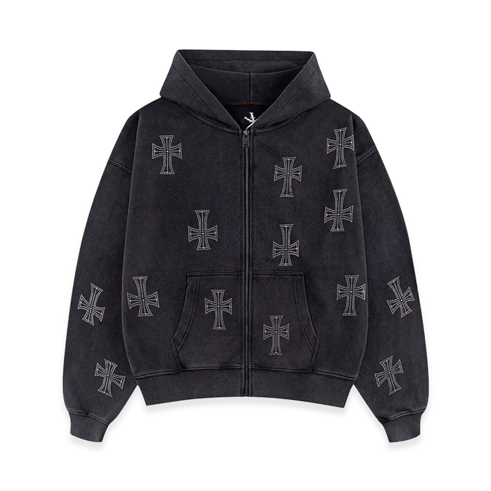 Unknown London Outline Cross Rhinestone Zip Hoodie "Black"
