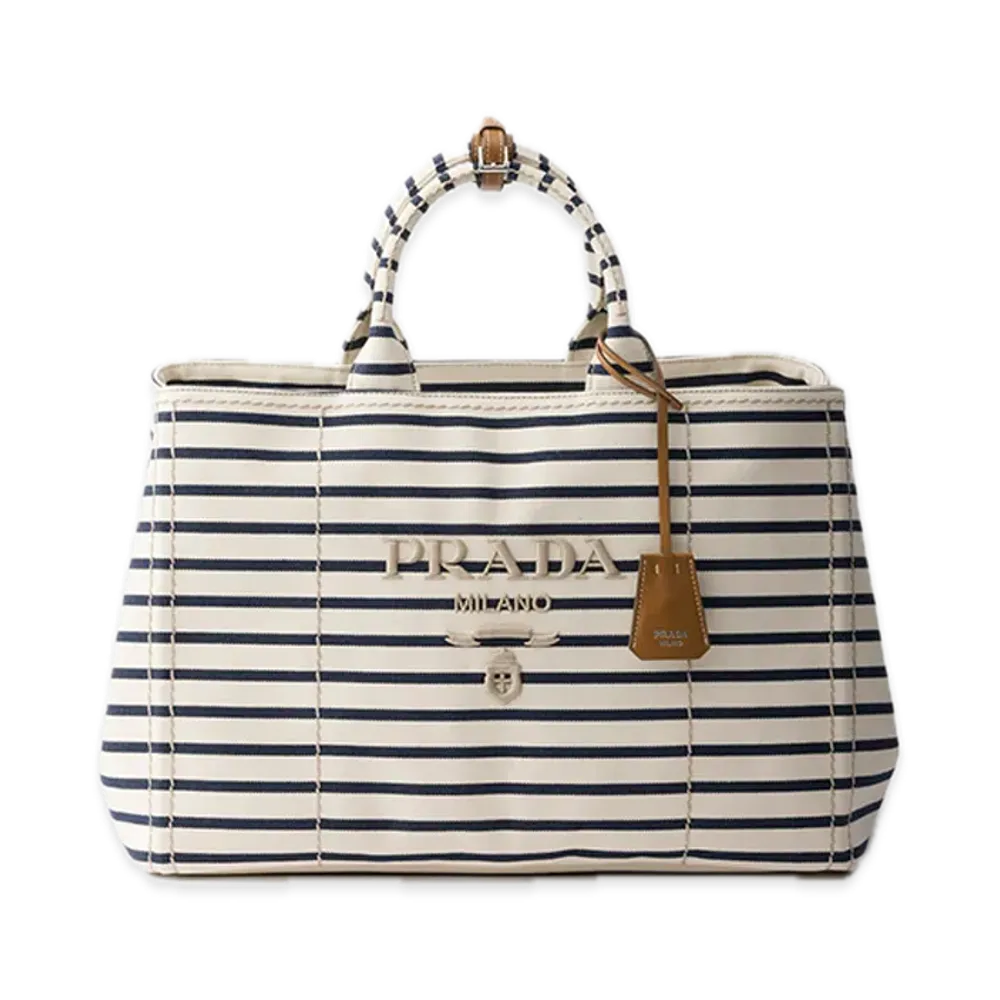 PRADA Stripe Canvas Tote Bag "Ivory/Blue"