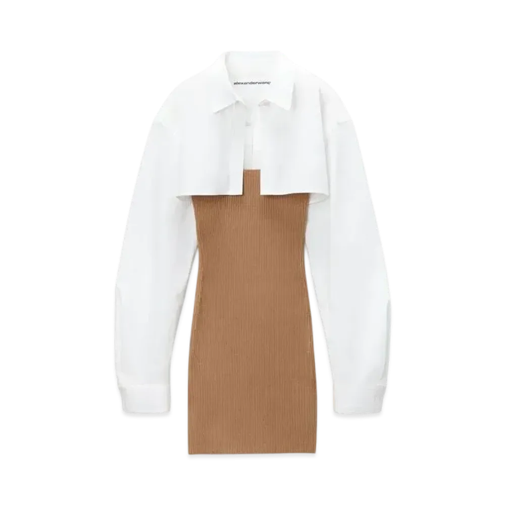 Alexander Wang Pre-Styled Cropped Cami & Button Up Twinset Dress "Camel/White"